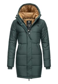 Green puffer coat with a quilted design, featuring a zippered front, hood, and a brown lining. Two side pockets are present.