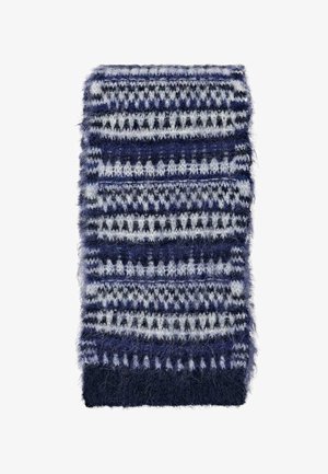 Strikket tørklæde med et stribet mønster i mørkeblå, lysegrå og hvid. Blødt, struktureret materiale med en solid mørkeblå kant forneden.