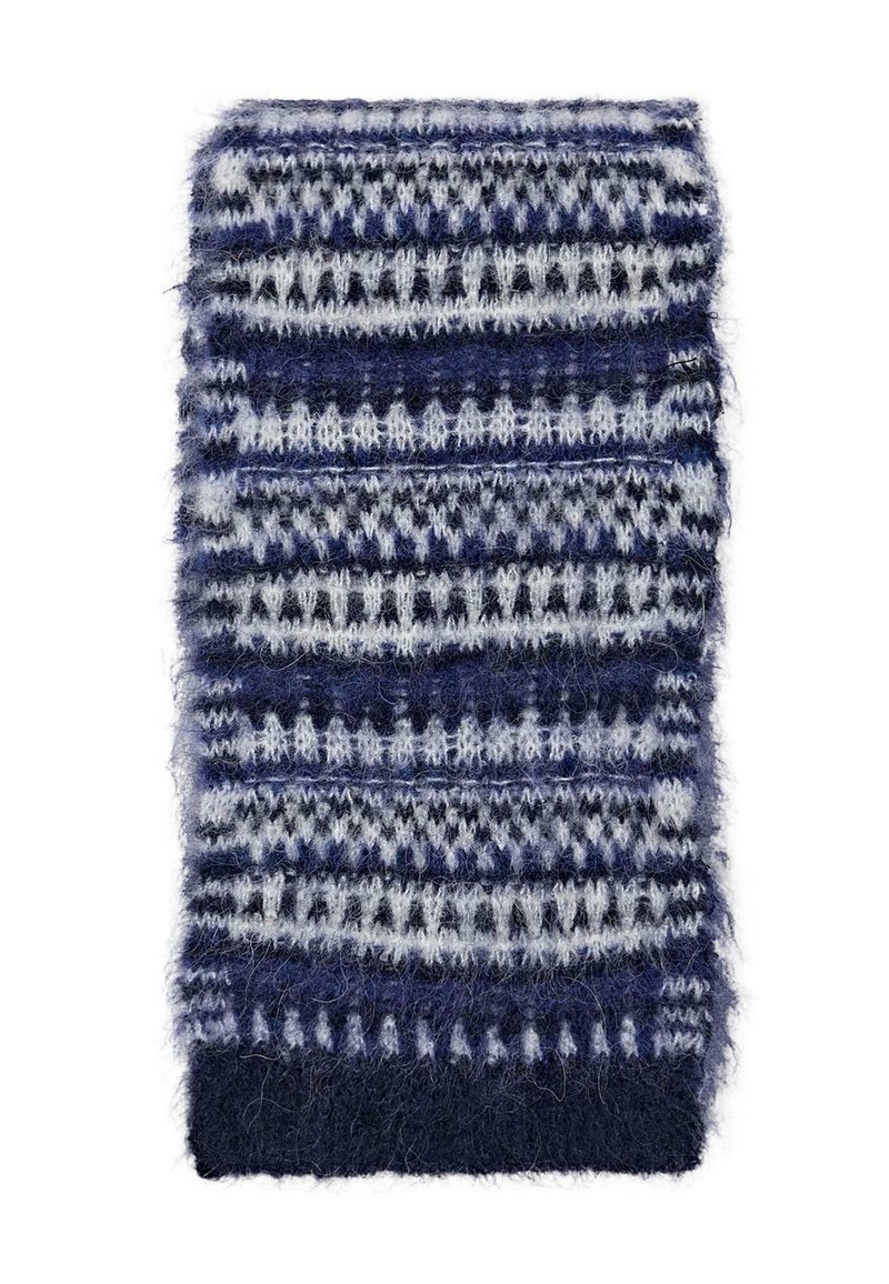 Scaldacollo in maglia con un motivo a righe in blu scuro, grigio chiaro e bianco. Materiale morbido e strutturato con un bordo solido in blu scuro nella parte inferiore.