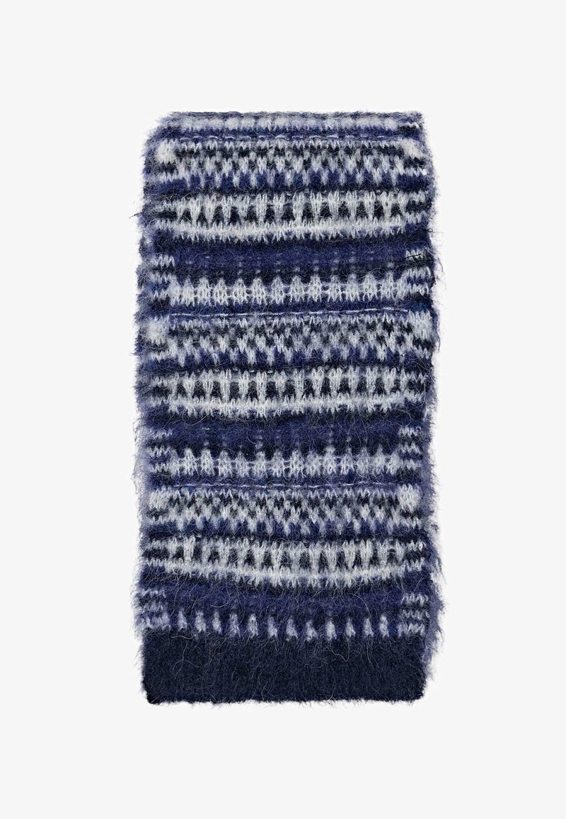 Scaldacollo in maglia con un motivo a righe in blu scuro, grigio chiaro e bianco. Materiale morbido e strutturato con un bordo solido in blu scuro nella parte inferiore.