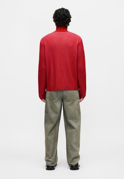 Άτομο με μαλλιά σγουρά, ντυμένο με ένα κόκκινο ριγωτό πουλόβερ με ψηλό γιακά και φαρδιά γκρι παντελόνια, να στέκεται με την πλάτη σε μονόχρωμο φόντο.