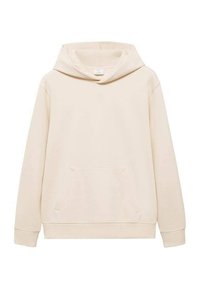 Beige hoodie van zacht materiaal, met een voorzak, ribgebreide manchetten en een ontspannen pasvorm. Minimalistisch ontwerp zonder zichtbare patronen.