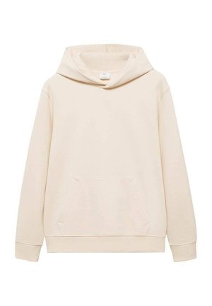 Beige hoodie van zacht materiaal, met een voorzak, ribgebreide manchetten en een ontspannen pasvorm. Minimalistisch ontwerp zonder zichtbare patronen.