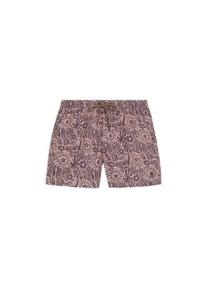 Bañador corto de hombre con cordón, con estampado floral y de hojas morado sobre fondo rosa.