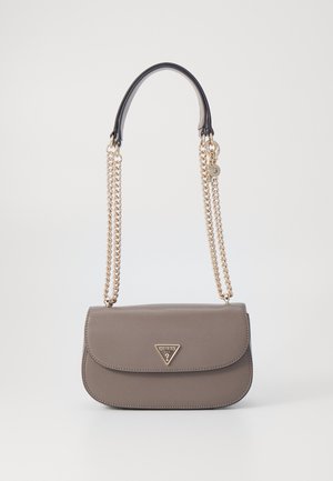 Halli hallo faux nahast käsitasku, millel on klapiga sulgemine, kuldsed ahelad, logo embleem ja mustast nahast ülemine käepide. Kompaktne ristkülikukujuline kuju.