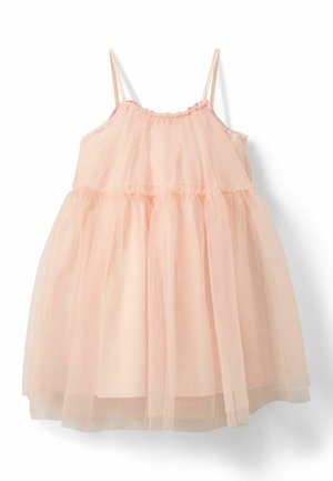 Pehmeän vaaleanpunainen hihaton mekko, jossa on läpikuultava kerroksittainen tyllihame ja säädettävät ohuet olkaimet, suunniteltu lapselle.