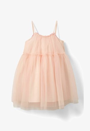 Jemné ružové šaty bez rukávov s priehľadnou viacvrstvovou sukňou z tylu a nastaviteľnými tenkými ramienkami, navrhnuté pre dieťa.