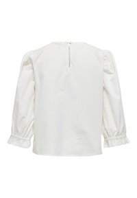 Weiße Bluse mit langen, gepufften Ärmeln und Rüsche am Bund, einem Schlüsselververschluss auf der Rückseite und glattem Baumwollstoff.