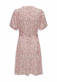 Floral dress in lightweight fabric featuring short sleeves, a cinched waist, and a white background with red and green floral patterns.