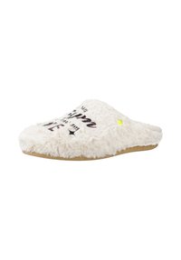 Pantofole bianche soffici e leggere con una texture morbida, caratterizzate da testo stampato nero e rosa e un piccolo sorriso giallo come dettaglio. Suola in sughero.