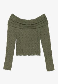 Olivengrünes, schulterfreies Langarmoberteil mit strukturiertem Spitzenmuster, gewelltem Saum und taillierter Silhouette.