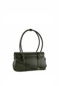 Bolso de cuero color verde oliva con dos asas superiores y una correa de hombro ajustable. Presenta un diseño estructurado y detalles sutiles de costura.