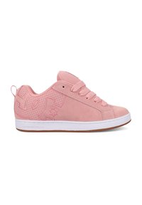 Low-top pink suede sneaker with perforated side logo, padded collar, thick laces, white midsole, and brown rubber outsole.
