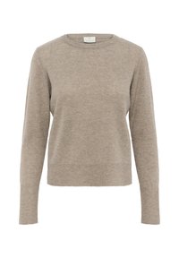 Beige langærmet strikket sweater med rund hals og ribstrikkede manchetter og kant, præsenteret på en hvid baggrund.