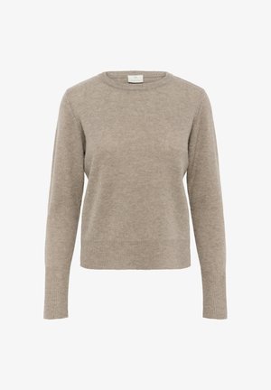 Pull en tricot beige à manches longues avec col rond et poignets et ourlet côtelés, présenté sur un fond blanc.