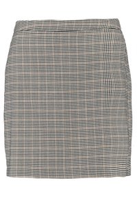 Gonna a motivo houndstooth in nero, bianco e marrone. Design sartoriale con taglio dritto e una leggera trama. Vita a media altezza.