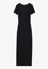 Svart kortärmad kjolklänning i ankellängd med fyrkantig halsringning och åtsittande silhuett, visad mot en enkel vit bakgrund.