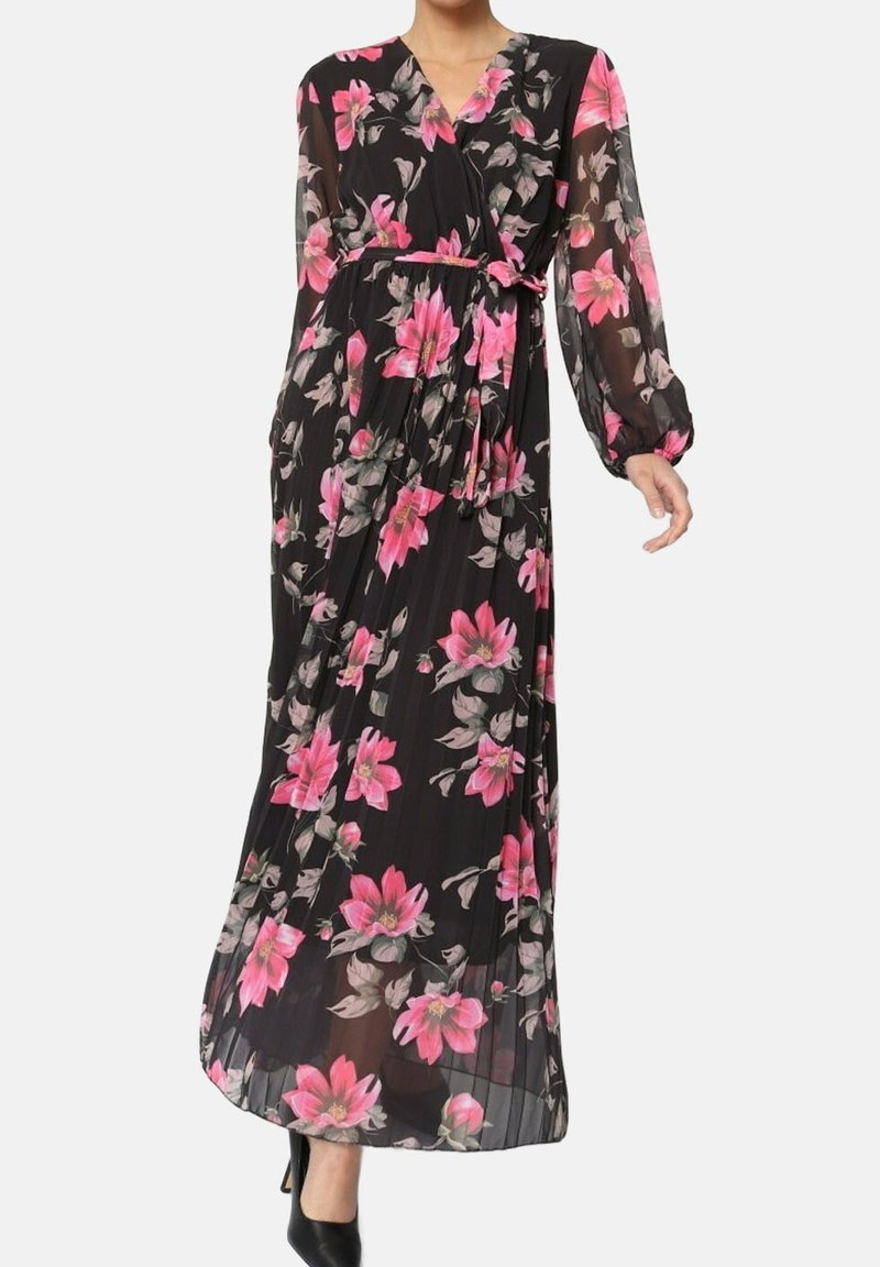 Robe maxi en tissu léger noir avec un motif floral comportant des fleurs roses et grises. Manches longues et détail de taille nouée.