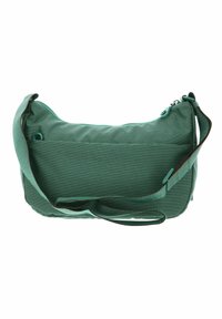 Sac bandoulière en tissu vert à texture lisse, fermeture éclair, bandoulière réglable et une poche latérale avec bordure contrastante.