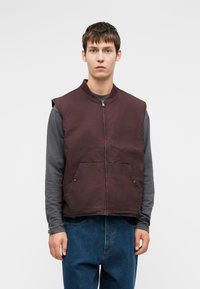 Mladý muž stojí oblečený v tmavo fialovej zipsovej veste cez dlhý rukáv šedého trička a modrých džínsoch pred jednoduchým bielym pozadím.