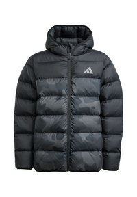 Veste rembourrée noire et camouflage gris foncé avec une capuche, fermeture éclair intégrale, et un petit logo gris sur la partie supérieure gauche de la poitrine.