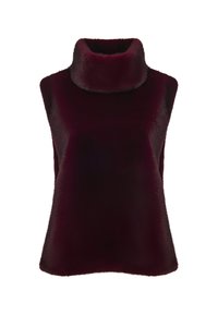 Top sin mangas de piel sintética en color burdeos oscuro, con cuello alto tipo tortuga, textura suave y cintura ajustada.