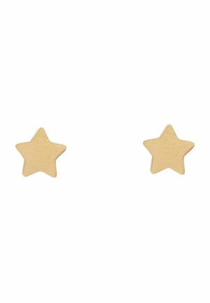 Kleine goldene sternförmige Ohrstecker auf weißem Hintergrund mit glatten, polierten Oberflächen.