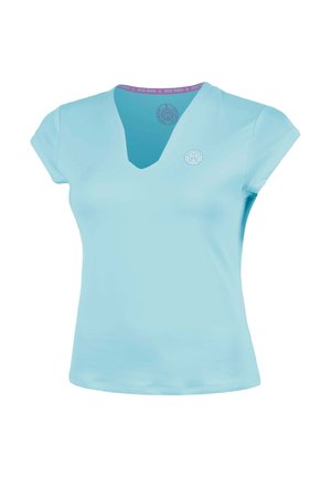 T-shirt de sport pour femme bleu clair à manches courtes, col en V et petit logo circulaire sur la poitrine gauche.
