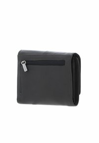 Portefeuille en cuir noir avec une poche zippée à l'avant, design plié, texture lisse et détail de couture le long des bords.