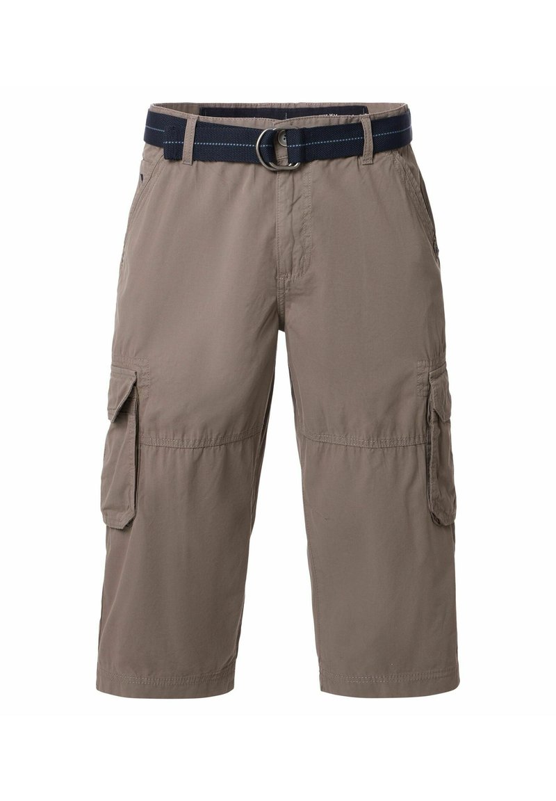 Knielange Cargo-Shorts aus hellbraunem Stoff, ausgestattet mit einem marineblauen Gürtel, zwei Seitentaschen und zwei Cargo-Taschen mit Klappen.