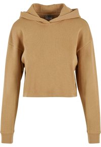 Sweat à capuche court marron clair avec manches longues, poignets côtelés et une capuche, présenté sur un fond blanc.
