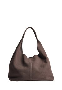 Brown suede hobo bag with a slouchy design, rounded handle, and central seam detail. Soft texture with a spacious opening.