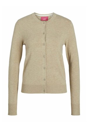 Beige strikkekardigan med rund hals, lange ermer og knappelukking foran. Ribbestrikkede detaljer på mansjettene og nederkant.
