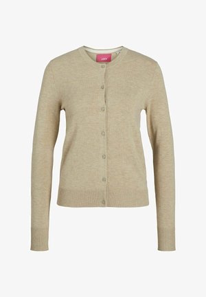 Beige gebreide cardigan met een ronde hals, lange mouwen en een sluiting met knopen aan de voorkant. Ribbelaccenten bij de manchetten en de zoom.