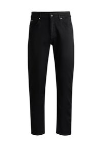 Black denim jeans featuring a straight leg design, five-pocket style, and silver hardware accents on the front button and rivets.