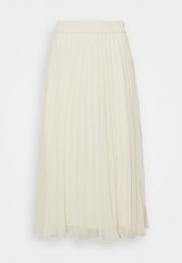 Fickad midi-kjol i ljus krämfärg, tillverkad av lättviktig tyg. Har ett elastiskt midjeband och en flytande, genomskinlig textur. Inga mönster eller detaljer.