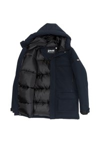 Chaqueta acolchada azul marino con capucha desmontable, interior acolchado, dos bolsillos delanteros y cierre de cremallera; cuenta con un tejido exterior suave y un diseño elegante.