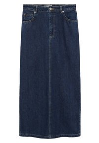 Tummansininen farkku-maxihame, jossa on suora leikkaus, etutasku, hopeiset yksityiskohdat ja näkyvät saumat, puhtaalla helman viimeistelyllä.