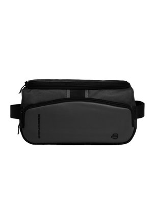 Marsupio rettangolare nero e grigio scuro con due scomparti con cerniera e cinturini laterali regolabili.