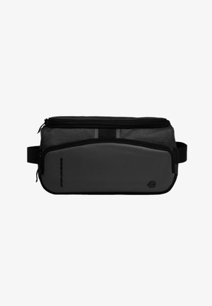 Bolso de cintura rectangular en negro y gris oscuro con dos compartimentos con cremallera y correas laterales ajustables.