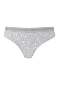 Grauer Baumwoll-Thong mit elastischem Bund. Bunte, längliche Punkte in Pastellfarben, die über den Stoff verteilt sind. Einfaches Design.