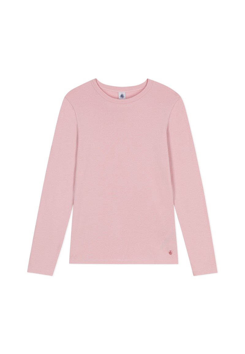 Langärmliges rosa Baumwoll-T-Shirt mit Rundhalsausschnitt, das ein kleines Logo-Akzent in der Nähe des Saums und eine durchgehend glatte Textur aufweist.