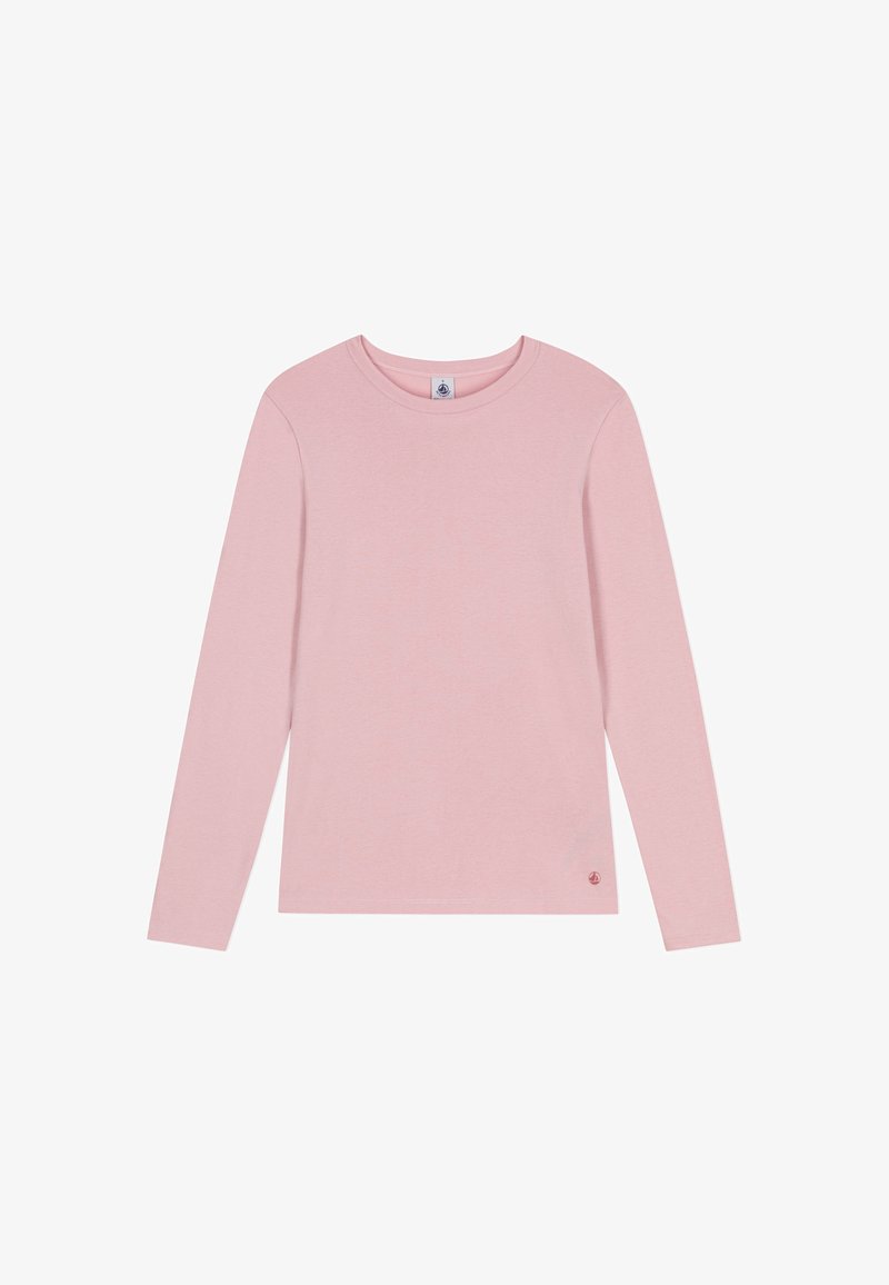 Langärmliges rosa Baumwoll-T-Shirt mit Rundhalsausschnitt, das ein kleines Logo-Akzent in der Nähe des Saums und eine durchgehend glatte Textur aufweist.