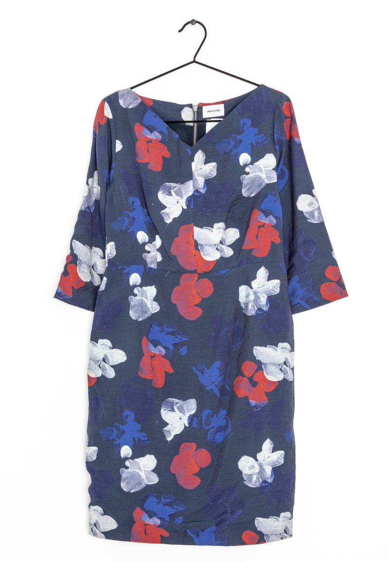 Floral loose-fitting dress with three-quarter sleeves, navy fabric, features red, white, and blue abstract flower patterns, round neckline, back zip.
