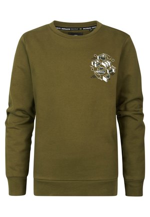 Olivengrøn sweatshirt med rund hals og lange ærmer med hvidt og sort geometrisk tekstdesign på venstre bryst.