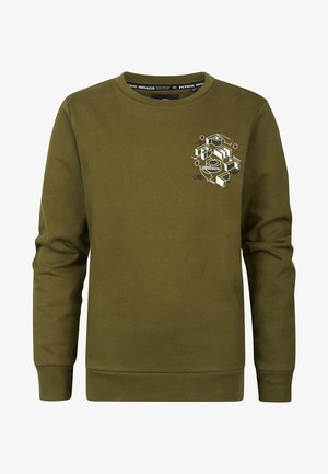 Zielona oliwkowa bluza z długim rękawem i okrągłym dekoltem, z białym i czarnym geometrycznym wzorem tekstowym na lewej piersi.