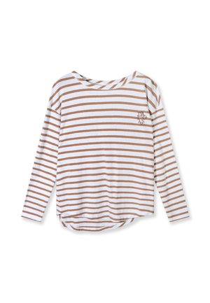 Langärmeliges Oberteil mit weißen und braunen horizontalen Streifen. Weicher Stoff, Boot-Ausschnitt und ein abgerundeter Saum mit einem kleinen gestickten Logo auf der Brust.