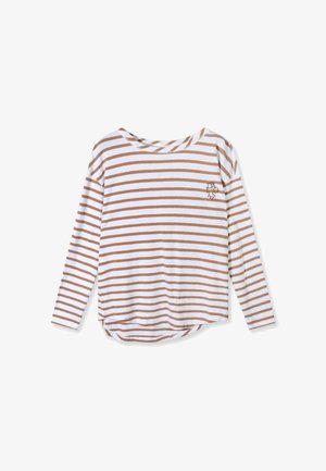 Long-sleeve top in white and brown horizontal stripes. Soft fabric, boat neckline, and a rounded hem with a small embroidered logo on the chest.