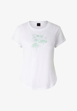 Weißes T-Shirt mit kurzen Ärmeln, rundem Ausschnitt und einem hellgrünen, abstrakten Blumendesign in der Mitte vorne.