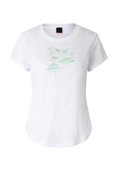 Weißes T-Shirt mit kurzen Ärmeln, rundem Ausschnitt und einem hellgrünen, abstrakten Blumendesign in der Mitte vorne.